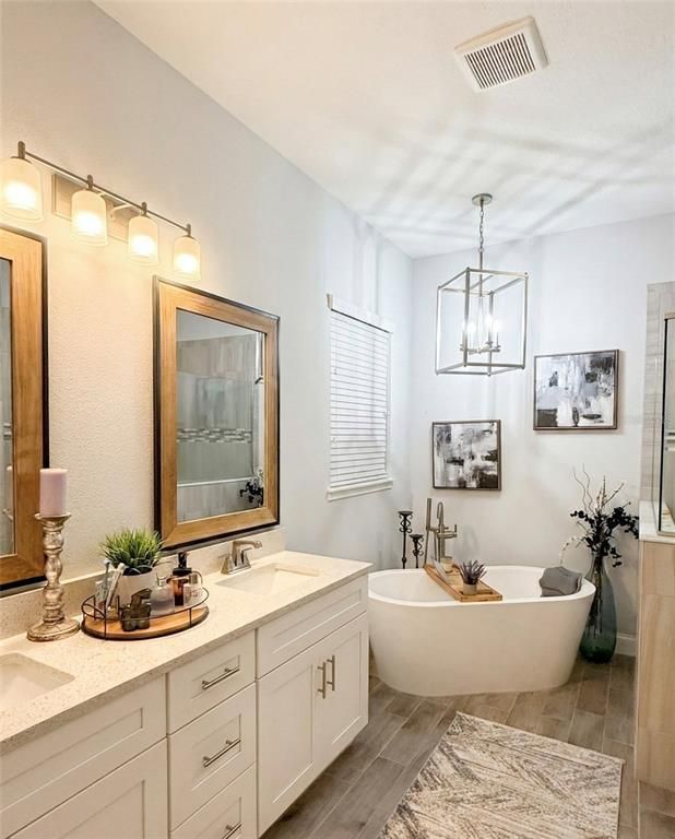 Bathroom, Dual Sink Vanities, Free Standing Baths, Interior, Pendant Lights, Wood Texture Flooring