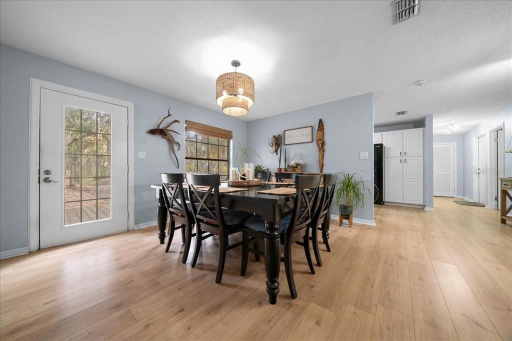 Chandelier, Dining room, Interior, Wood Texture Flooring