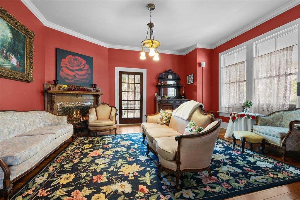 Fireplace, Interior, Living room, Pendant Lights, Wood Texture Flooring