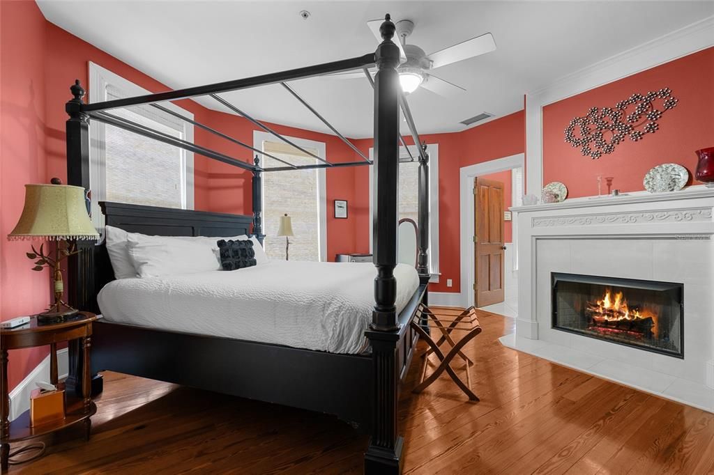 Bedroom, Fireplace, Interior, Wood Texture Flooring