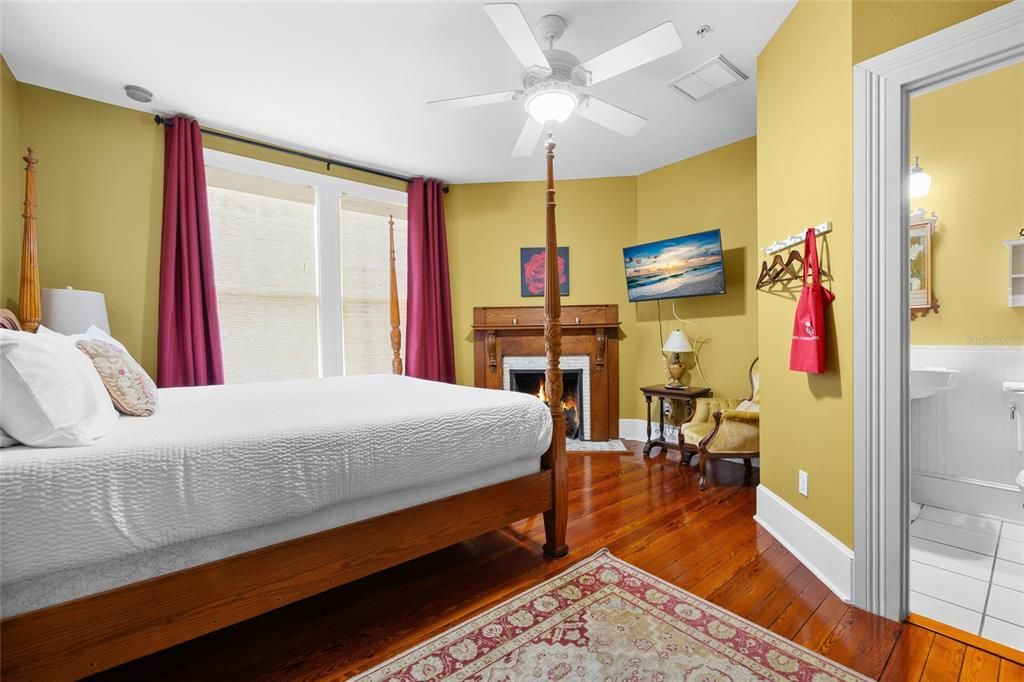 Bedroom, Fireplace, Interior, Wood Texture Flooring