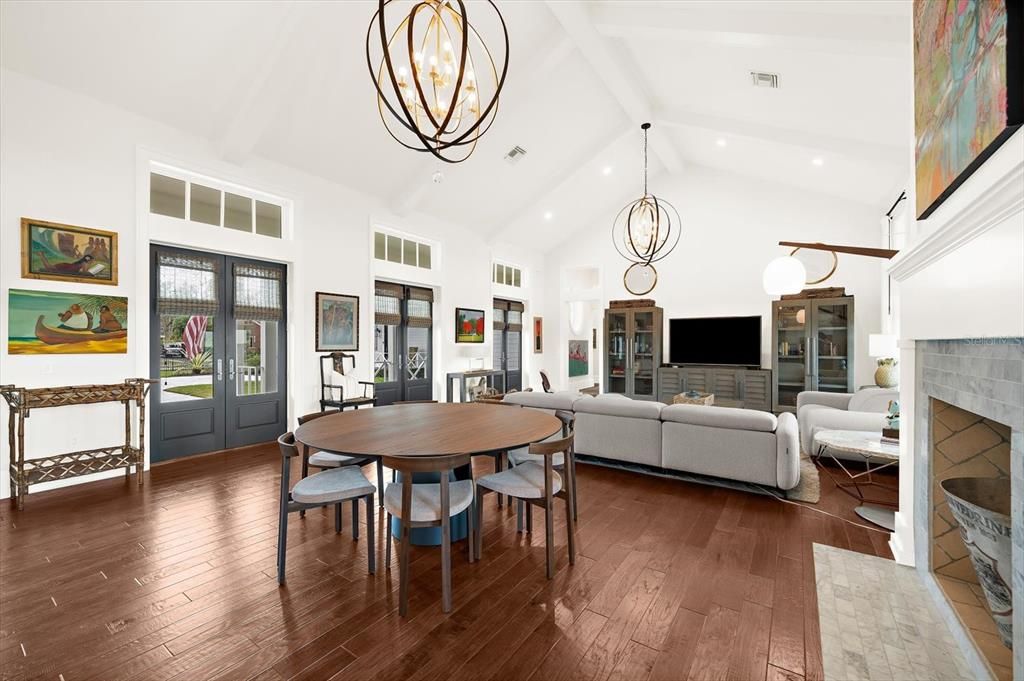 Dining room, Fireplace, Interior, Living room, Pendant Lights, Recessed Lighting, Wood Texture Flooring