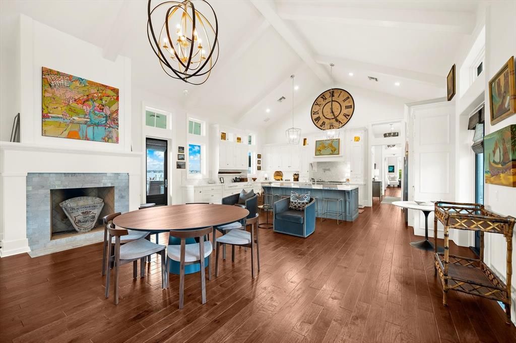 Chandelier, Dining room, Fireplace, Interior, Kitchen, Pendant Lights, Recessed Lighting, Wood Texture Flooring