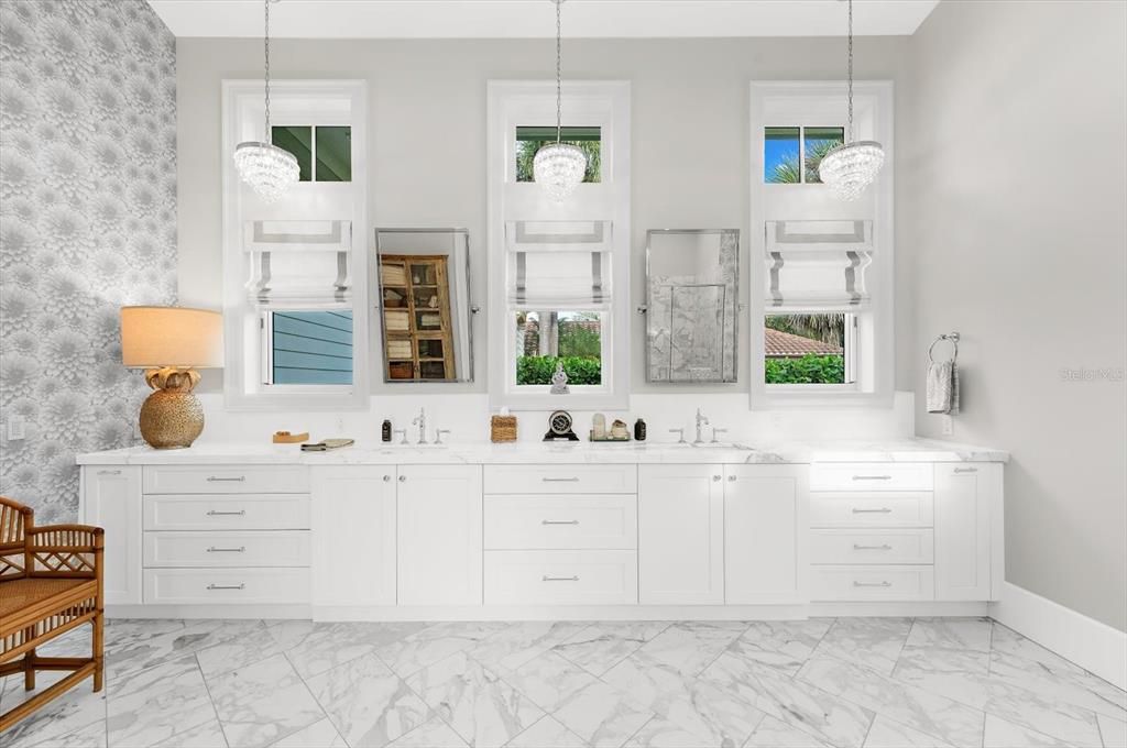 Bathroom, Dual Sink Vanities, Interior, Marble, Pendant Lights