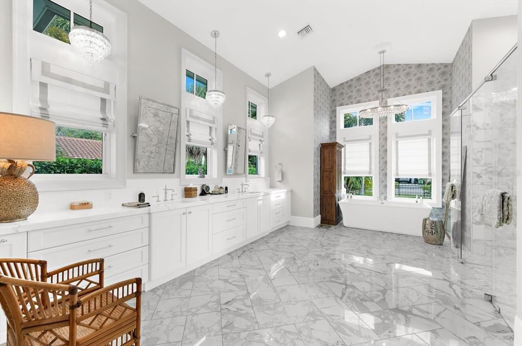 Bathroom, Dual Sink Vanities, Free Standing Baths, Interior, Marble, Pendant Lights, Recessed Lighting