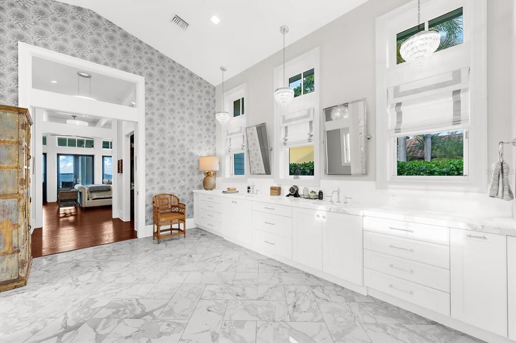 Bathroom, Dual Sink Vanities, Interior, Marble, Pendant Lights, Recessed Lighting, Wood Texture Flooring