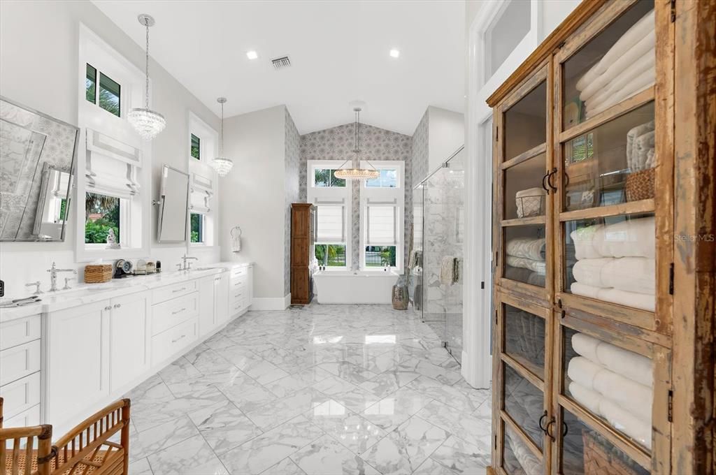 Bathroom, Dual Sink Vanities, Free Standing Baths, Glass Shower, Interior, Marble, Pendant Lights, Recessed Lighting