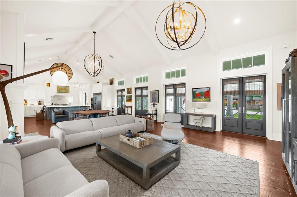 Chandelier, Interior, Kitchen, Living room, Pendant Lights, Recessed Lighting, Wood Texture Flooring