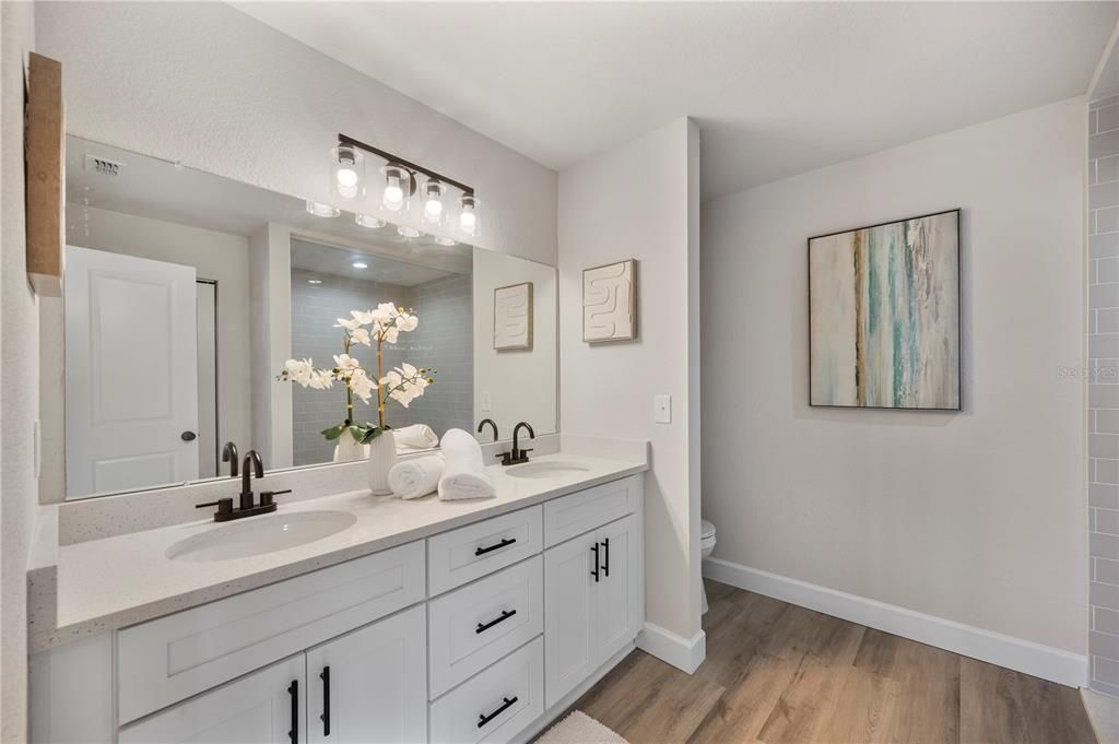 Bathroom, Dual Sink Vanities, Interior, Wood Texture Flooring