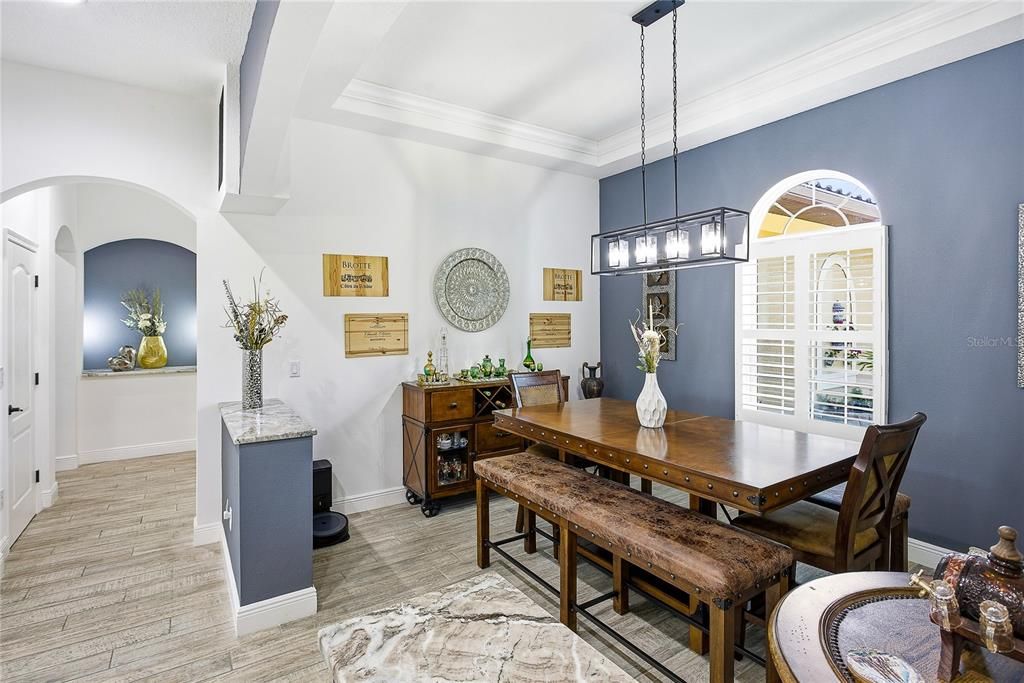 Dining room, Interior, Pendant Lights, Wood Texture Flooring