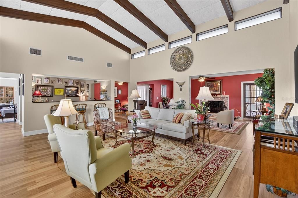 Fireplace, Interior, Living room, Wooden Beams, Wood Texture Flooring