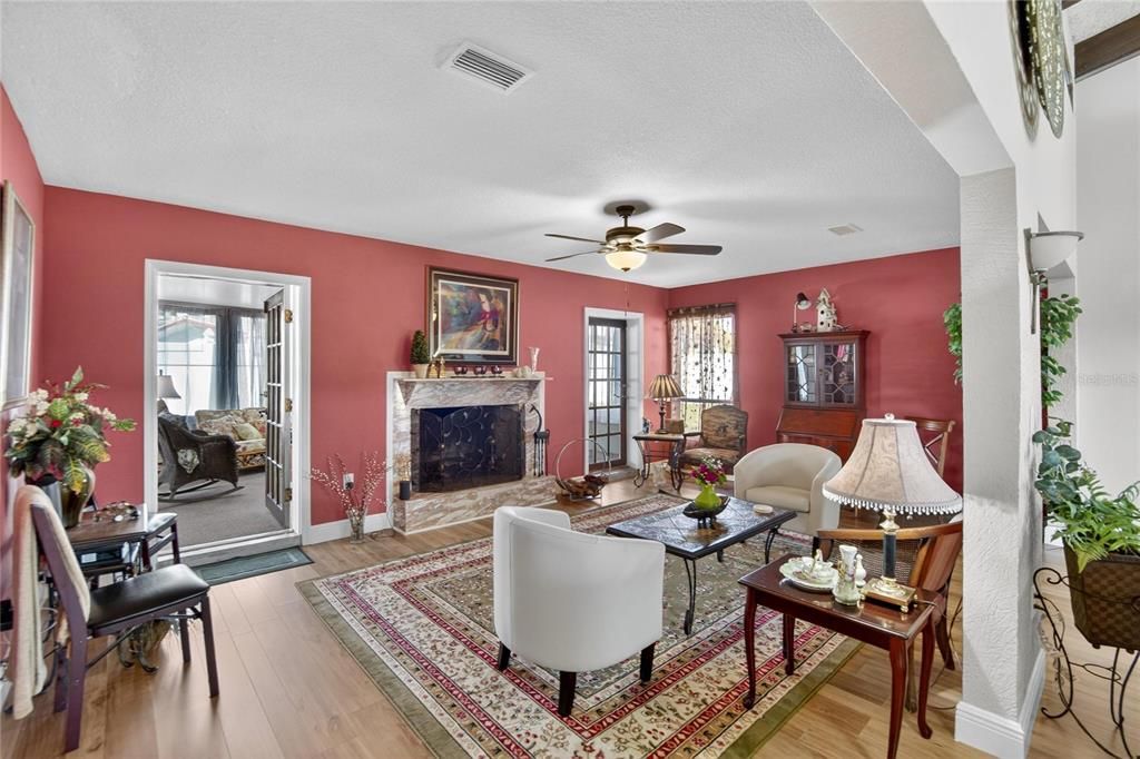 Dining room, Fireplace, Interior, Living room, Wood Texture Flooring