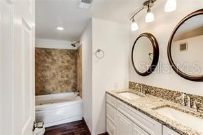Bathroom, Dual Sink Vanities, Interior, Recessed Lighting, Wood Texture Flooring