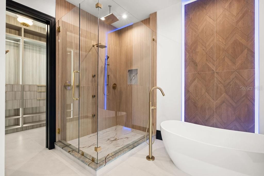 Bathroom, Free Standing Baths, Glass Shower, Interior, Recessed Lighting