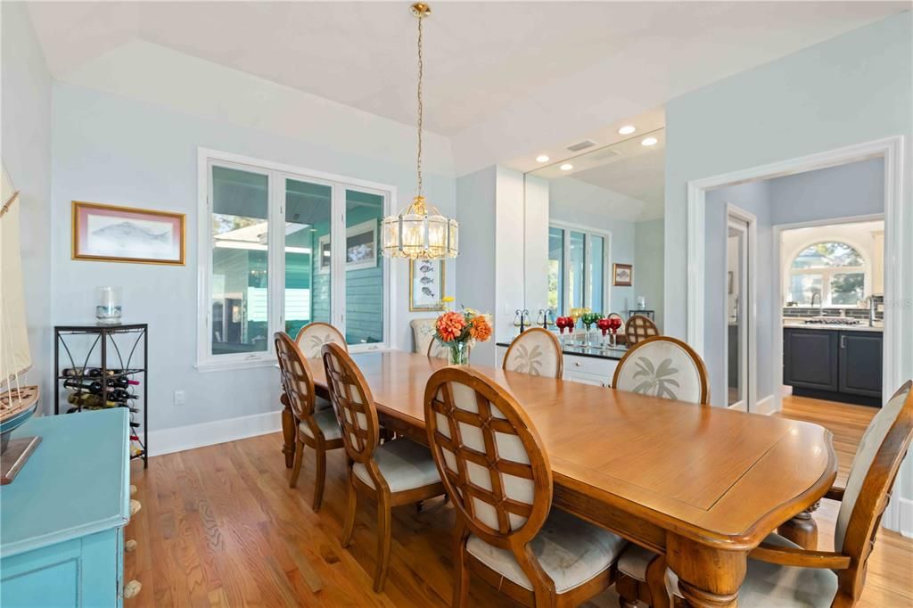 Chandelier, Dining room, Interior, Pendant Lights, Recessed Lighting, Wood Texture Flooring