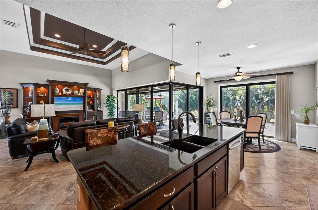 Dining room, Fireplace, Interior, Kitchen, Living room, Pendant Lights, Recessed Lighting