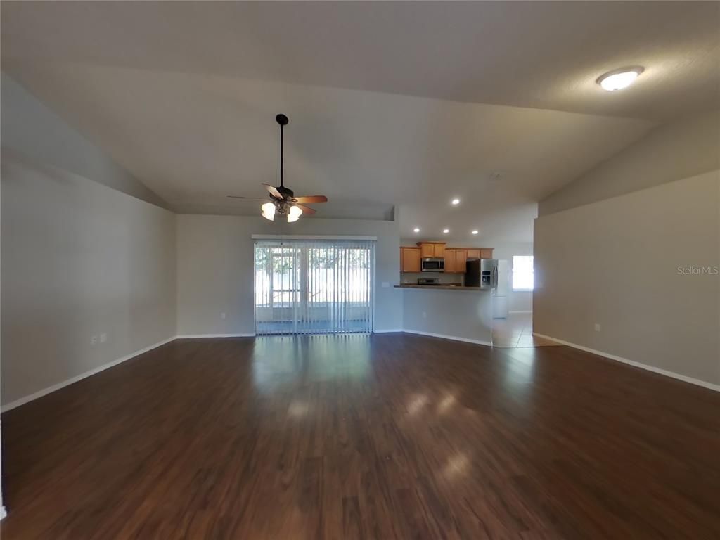 Empty room, Interior, Kitchen, Recessed Lighting, Wood Texture Flooring