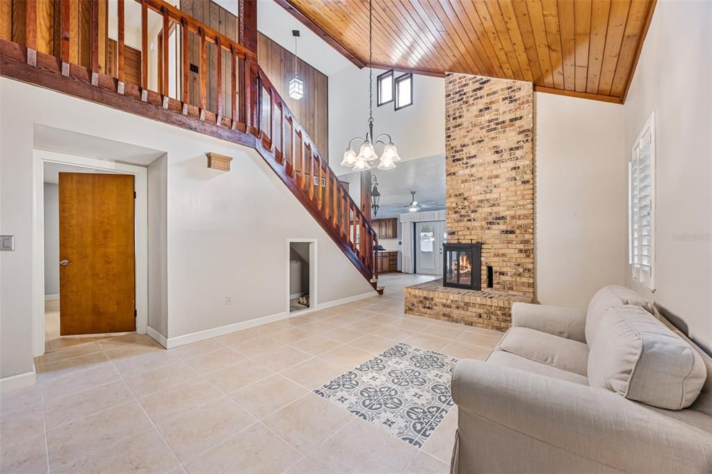 Fireplace, Interior, Pendant Lights, Wooden Ceilings