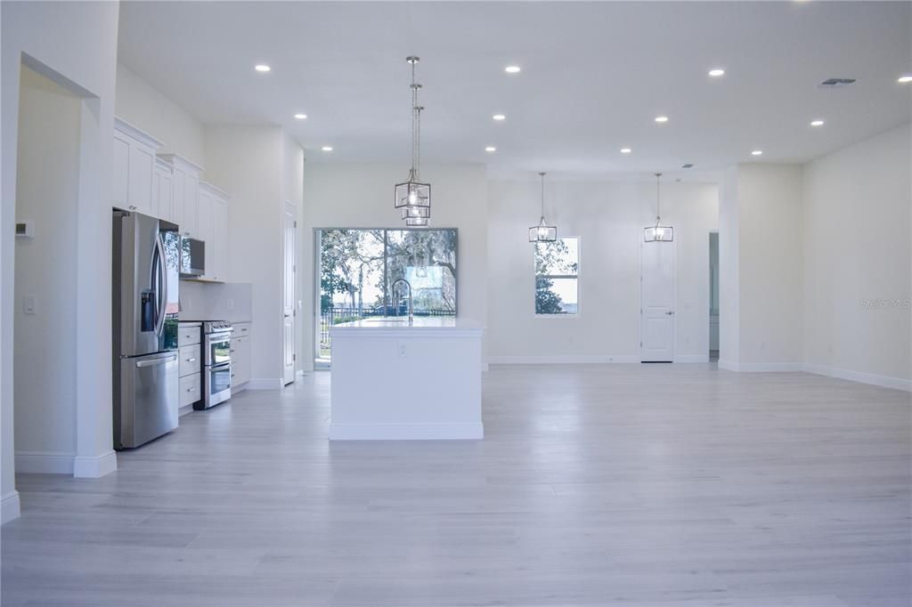 Empty room, Interior, Kitchen, Pendant Lights, Recessed Lighting, Stainless Steel Appliances, Wood Texture Flooring