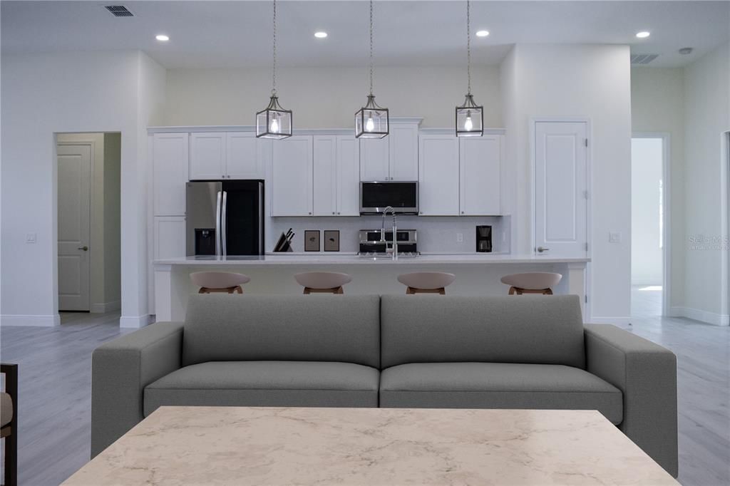 Interior, Kitchen, Living room, Pendant Lights, Recessed Lighting, Wood Texture Flooring