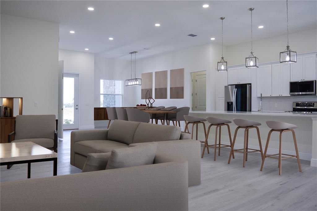 Dining room, Interior, Kitchen, Living room, Pendant Lights, Recessed Lighting, Stainless Steel Appliances, Wood Texture Flooring