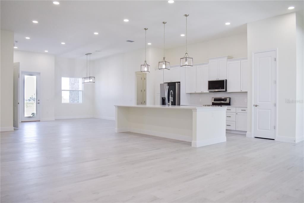 Empty room, Interior, Kitchen, Pendant Lights, Recessed Lighting, Stainless Steel Appliances, Wood Texture Flooring