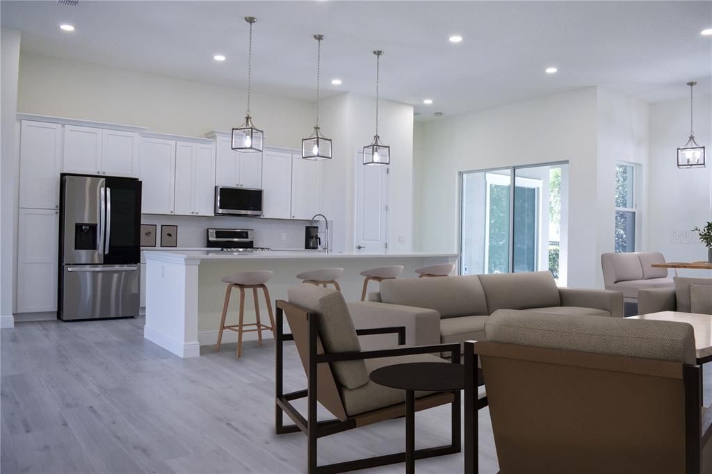 Interior, Kitchen, Living room, Pendant Lights, Recessed Lighting, Stainless Steel Appliances, Wood Texture Flooring