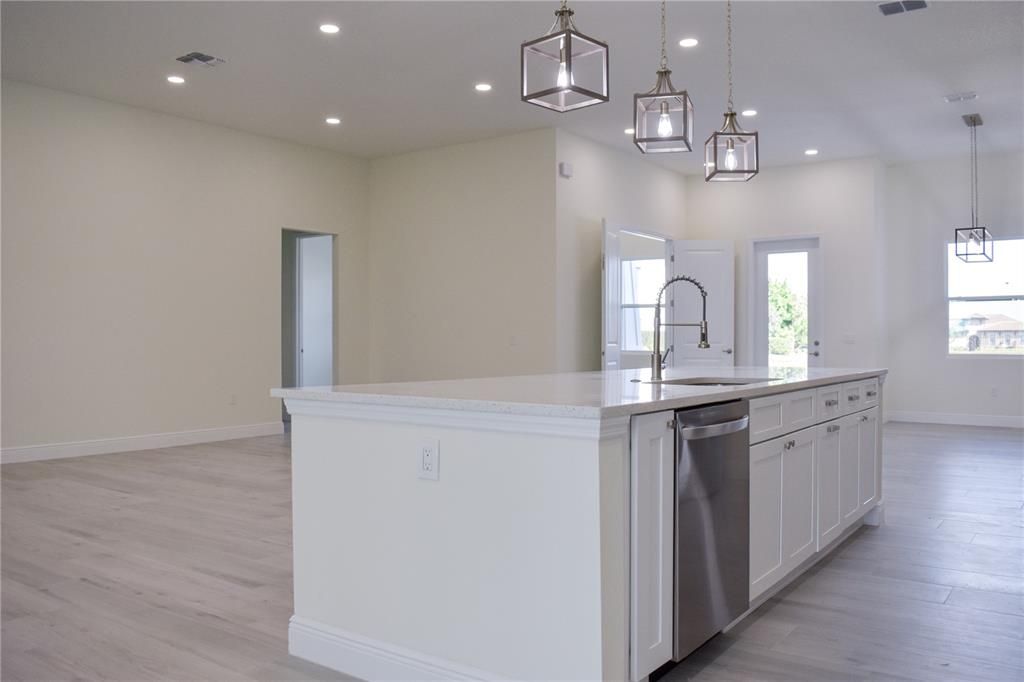 Interior, Kitchen, Pendant Lights, Recessed Lighting, Wood Texture Flooring