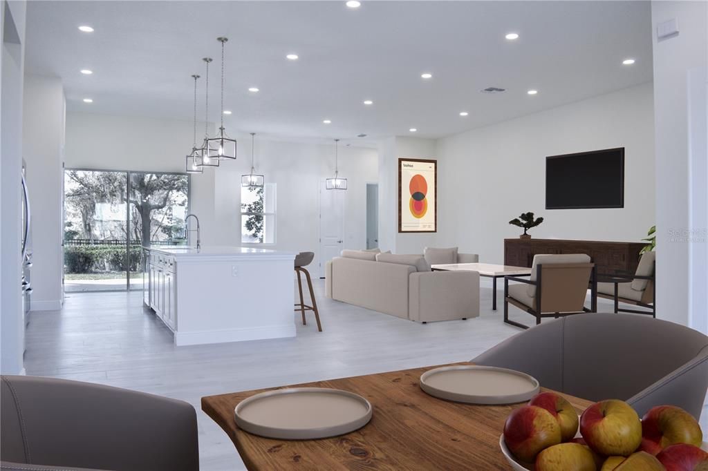 Interior, Kitchen, Living room, Pendant Lights, Recessed Lighting, Wood Texture Flooring