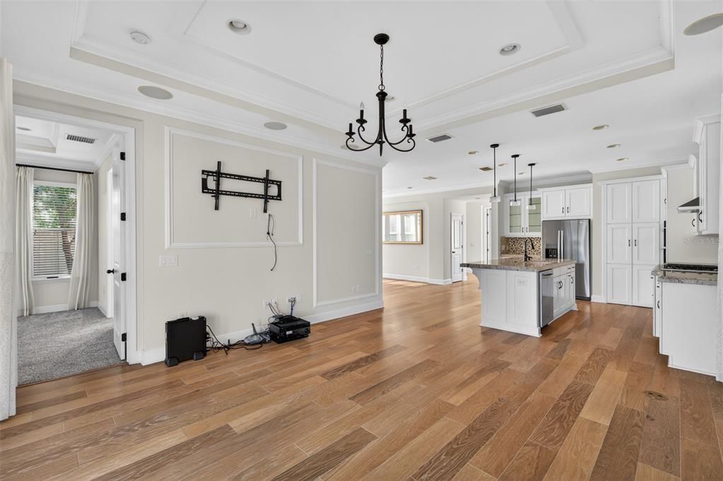 Chandelier, Interior, Kitchen, Pendant Lights, Recessed Lighting, Wood Texture Flooring