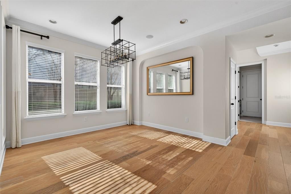 Empty room, Interior, Pendant Lights, Recessed Lighting, Wood Texture Flooring