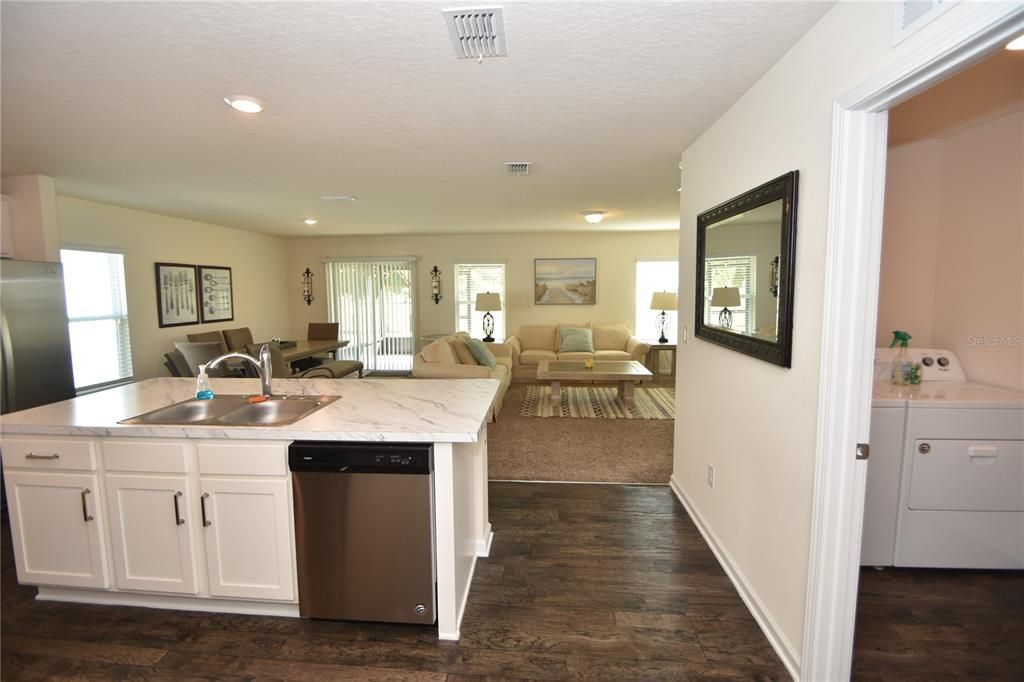 Dining room, Interior, Kitchen, Living room, Recessed Lighting, Wood Texture Flooring