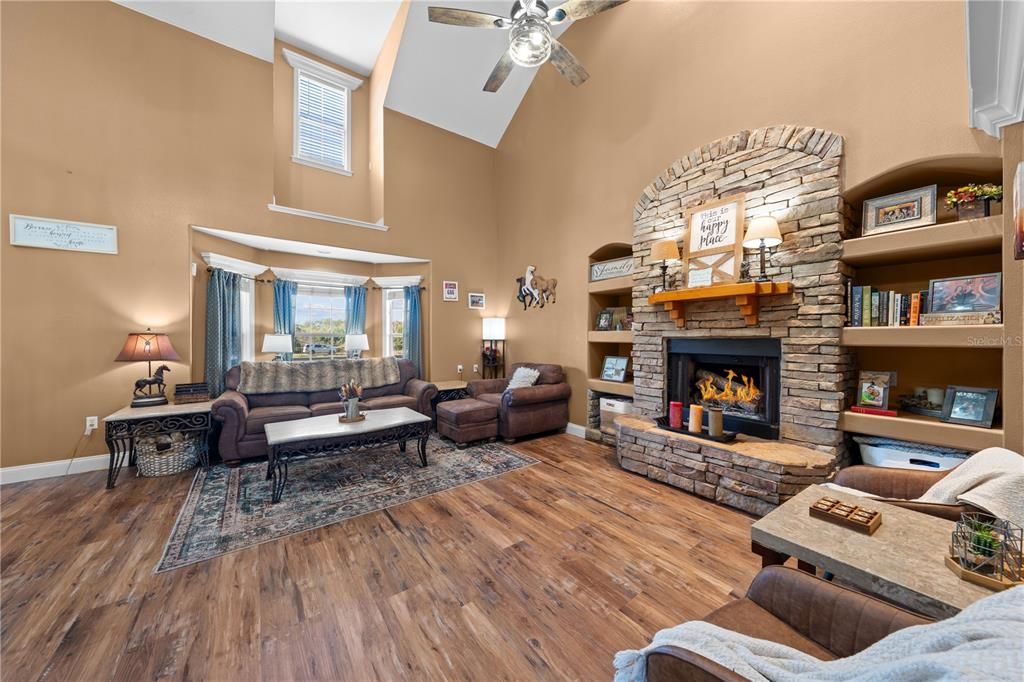 Fireplace, Interior, Living room, Stone Walls, Wood Texture Flooring