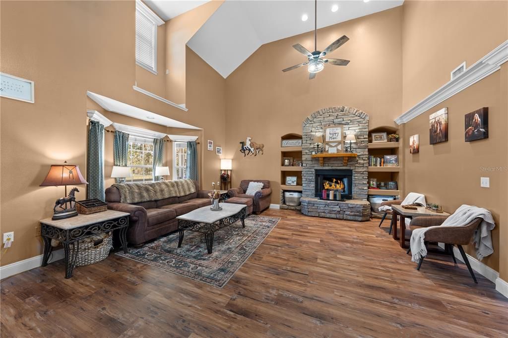 Fireplace, Interior, Living room, Recessed Lighting, Wood Texture Flooring