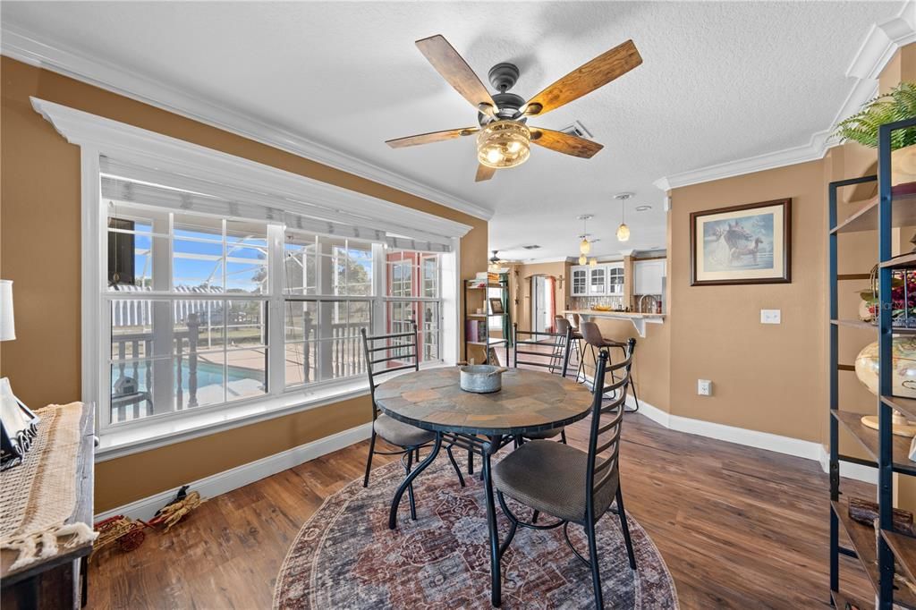 Dining room, Interior, Pendant Lights, Wood Texture Flooring