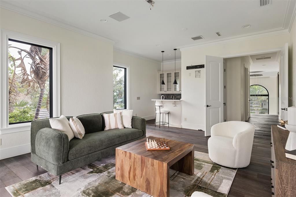 Interior, Living room, Pendant Lights, Recessed Lighting, Wood Texture Flooring