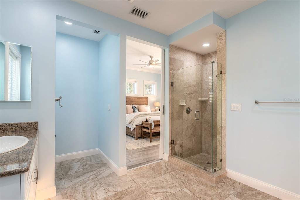 Bathroom, Bedroom, Glass Shower, Interior, Marble, Recessed Lighting, Wood Texture Flooring
