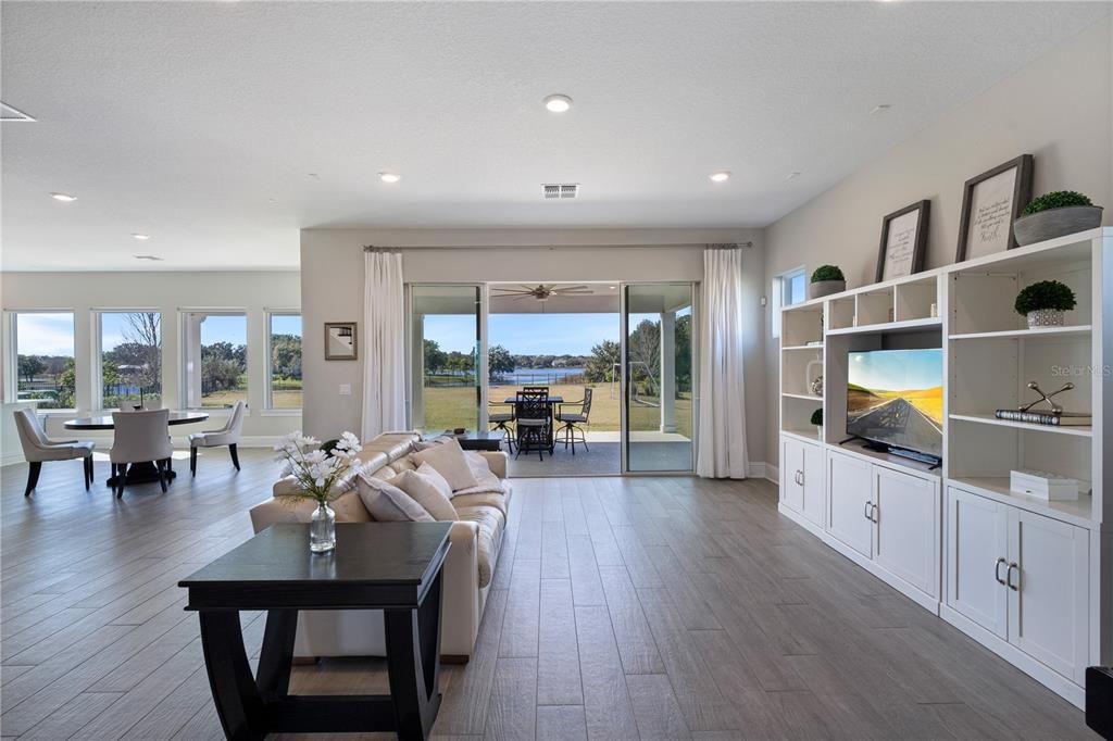 Dining room, Interior, Living room, Recessed Lighting, Wood Texture Flooring