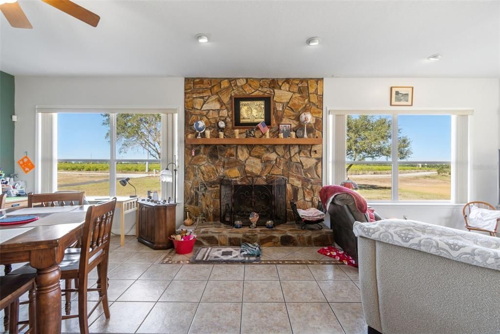 Dining room, Fireplace, Interior, Recessed Lighting, Stone Walls