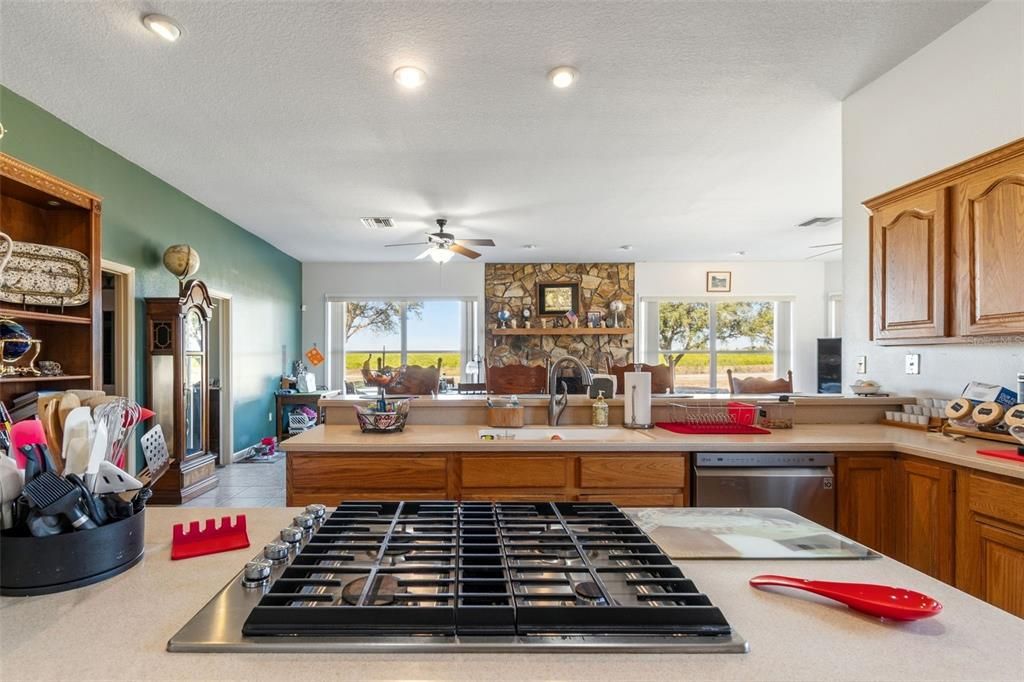 Fireplace, Interior, Kitchen, Recessed Lighting, Stone Walls