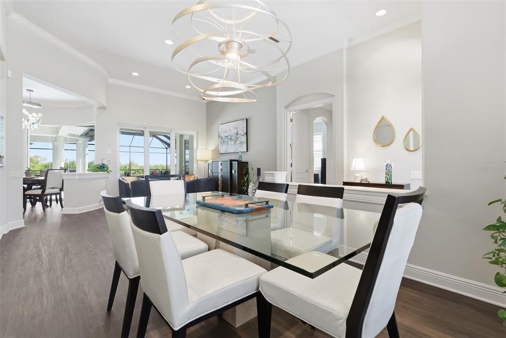 Dining room, Interior, Living room, Pendant Lights, Recessed Lighting, Wood Texture Flooring