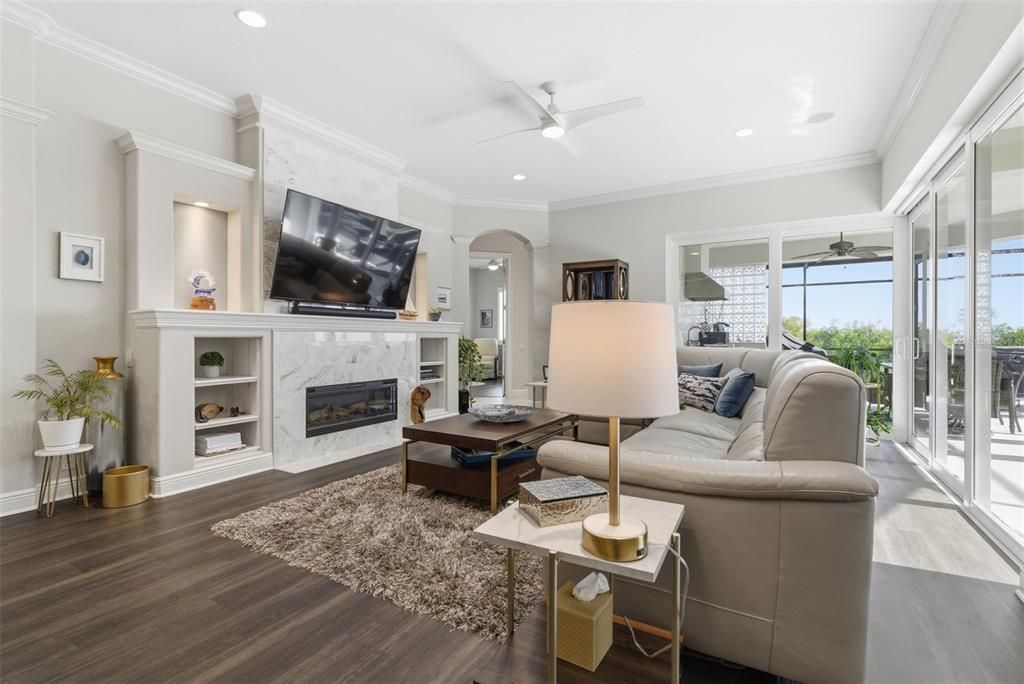 Fireplace, Interior, Living room, Recessed Lighting, Wood Texture Flooring