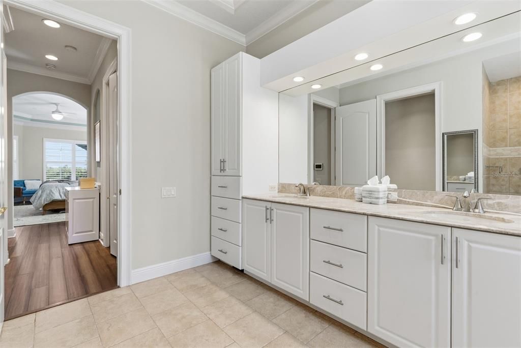 Bathroom, Bedroom, Dual Sink Vanities, Interior, Recessed Lighting, Wood Texture Flooring