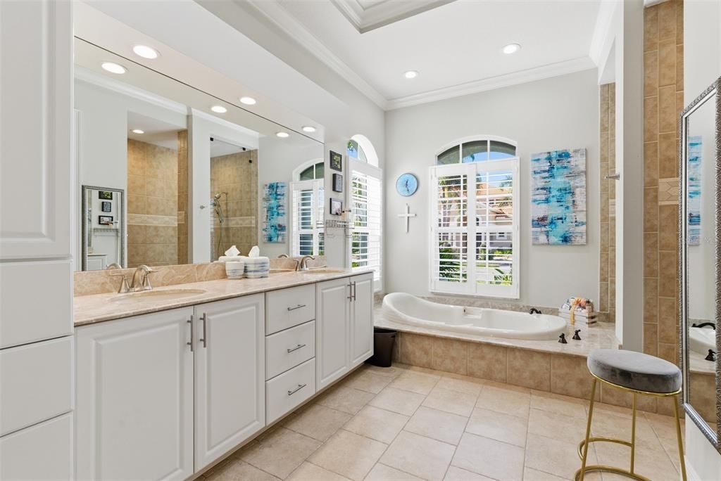 Bathroom, Dual Sink Vanities, Glass Shower, Interior, Recessed Lighting