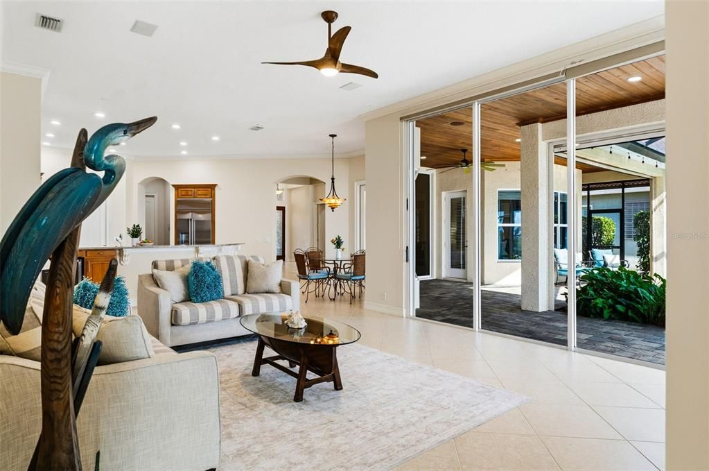 Dining room, Interior, Living room, Pendant Lights, Recessed Lighting, Wooden Ceilings