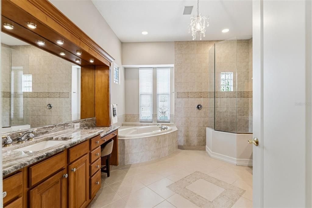 Bathroom, Dual Sink Vanities, Glass Shower, Interior, Pendant Lights, Recessed Lighting