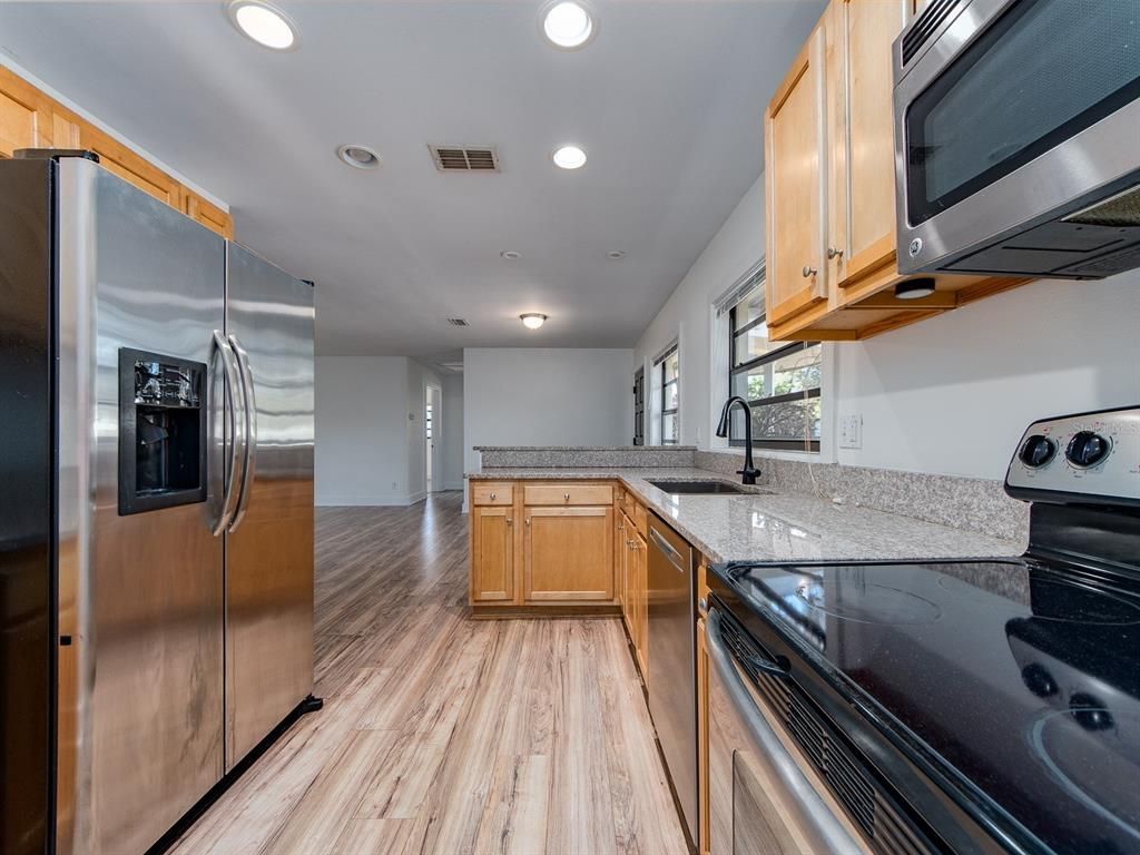 Interior, Kitchen, Recessed Lighting, Stainless Steel Appliances, Wood Texture Flooring