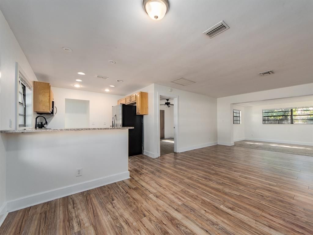 Empty room, Interior, Kitchen, Recessed Lighting, Wood Texture Flooring