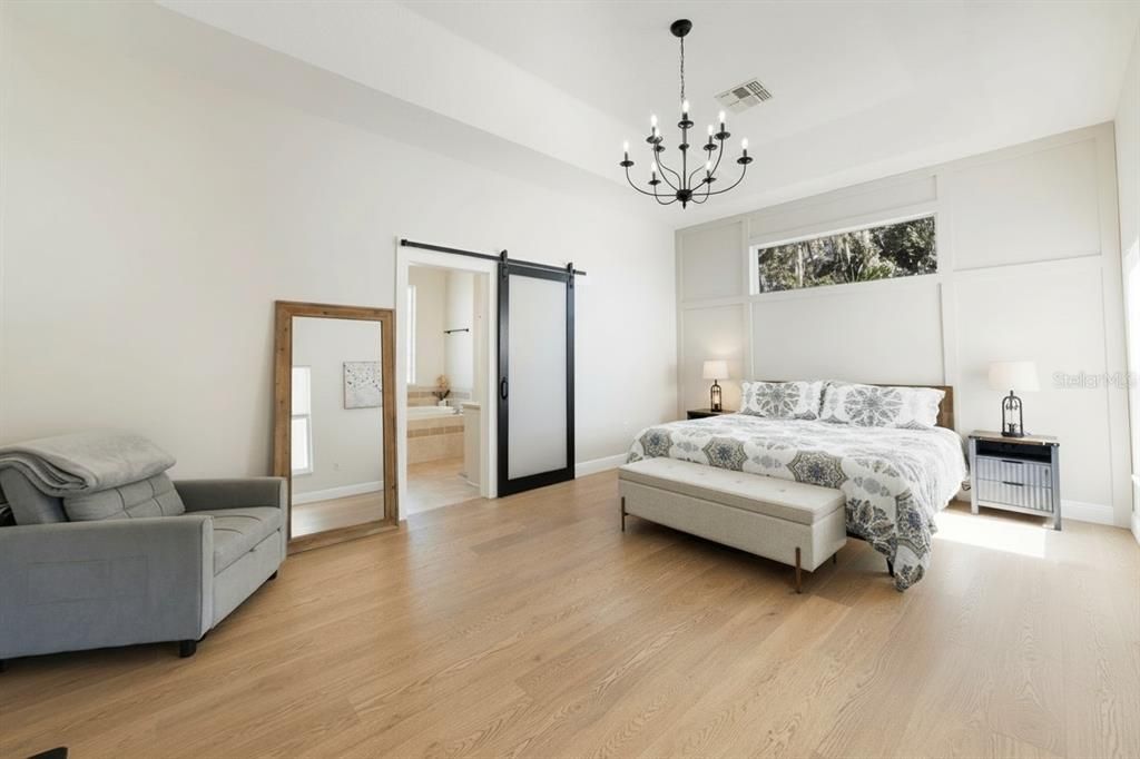 Bedroom, Chandelier, Interior, Wood Texture Flooring
