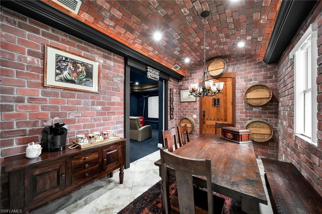 Chandelier, Dining room, Interior, Recessed Lighting, Stone Walls